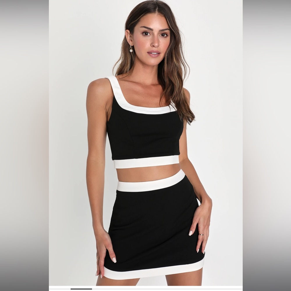 Lulu’s black & white mini skirt crop top set, both size small, worn once